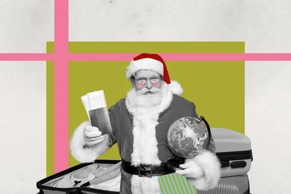 Foto Kunstwerk Collage Von Aufgeregt Lächelnden Weihnachtsmann Vorbereitung Gehen Weihnachtsurlaub — Stockfoto