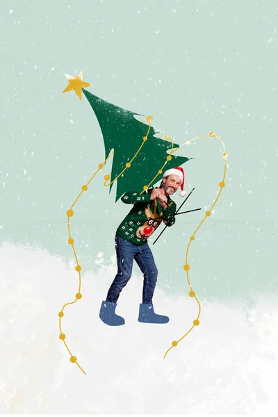 Vertikal Collage Bild Positiv Man Bära Jul Evergreen Träd Snöfall — Stockfoto