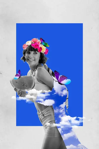 Collage Kunstwerk Minimales Bild Von Glücklich Lächelnde Dame Genießen Sommerfrüchte — Stockfoto