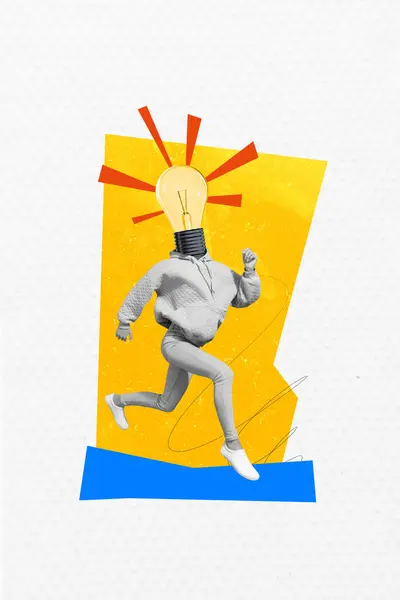 Creative Poster Collage Energetic Female Run Brilliant Idea Electric Bulb — Stock Photo, Image