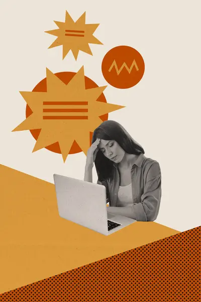 Colagem Cartaz Imagem Mulher Cansada Sentado Escritório Trabalhando Duro Isolado — Fotografia de Stock