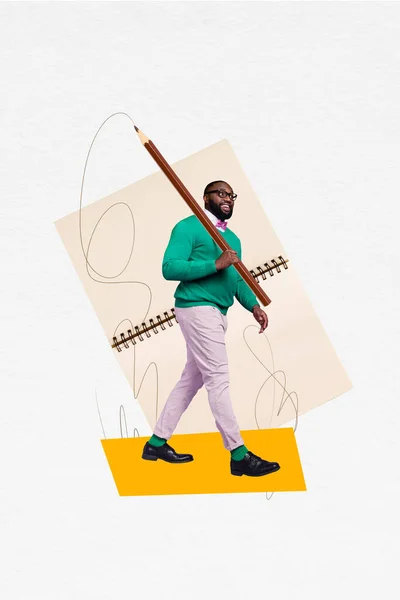 Retro Abstraktní Kreativní Koláž Mladého Muže Chůze Držet Tužka Notepad — Stock fotografie