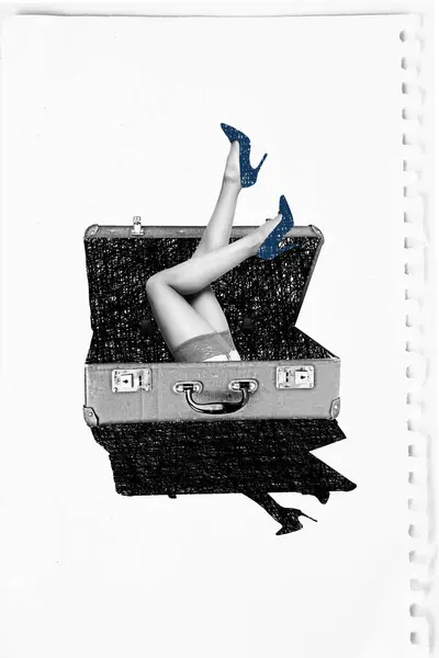 Kreatív Rajz Kollázs Kép Gyönyörű Női Lábak Bőrönd Fehérnemű Magassarkú — Stock Fotó