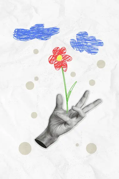 彩色背景下的彩绘云下手握彩绘花朵的垂直 创造性图片抽象组合拼贴 — 图库照片