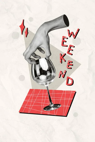 Sketch Image Collage Arm Hold Wine Glass Weekend Time Pleasure — Stock Photo, Image