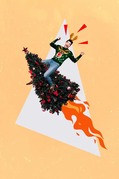 Collage Vertical Excité Gai Funky Gars Volant Décoré Arbre Noël — Photo