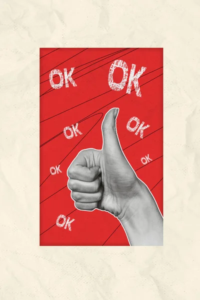 レトロ抽象的な創造的なアートワークテンプレート 親指を示す腕のコラージュ オキーのジェスチャー隔離された赤い色の背景 — ストック写真