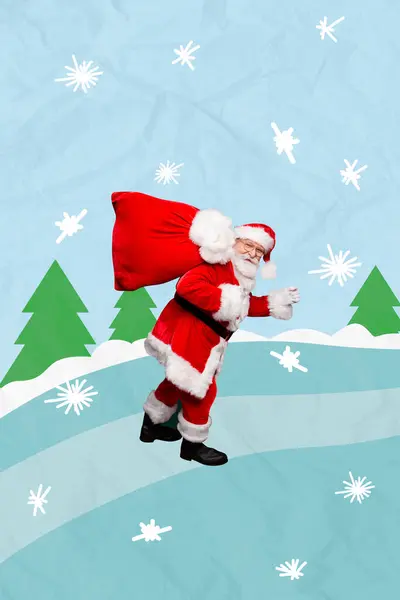Criativo Retro Revista Colagem Imagem Engraçado Funky Santa Claus Andando — Fotografia de Stock