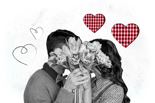 Creative Artwork Template Collage Positive Couple Kissing Cover Face Flowers — Stock Photo, Image