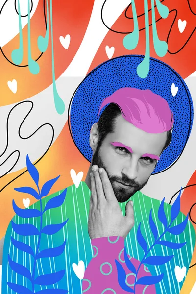 Exclusive magazine colorful collage of attractive handsome confident man hand touch face beard isolated on painted background.
