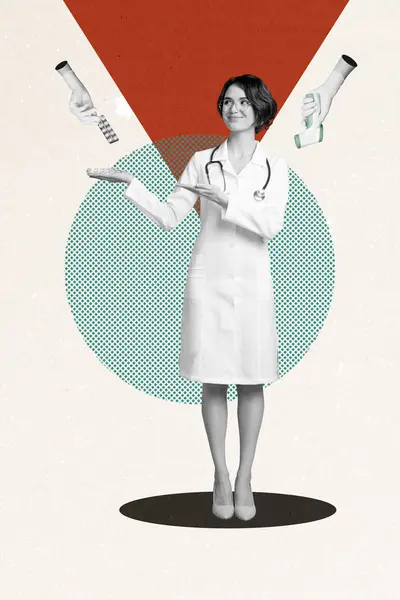 Collage Profesional Médico Mujer Mostrando Las Mejores Píldoras Alternativa Vacuna — Foto de Stock