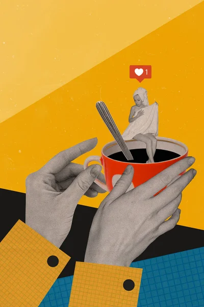 Collage 3d image of pinup pop retro sketch of shocked female take bath coffee beverage cup hands hold tea heart like.
