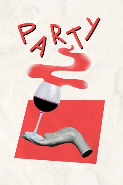 Magazine collage picture of arm holding wine glass enjoying party isolated drawing red white color background.
