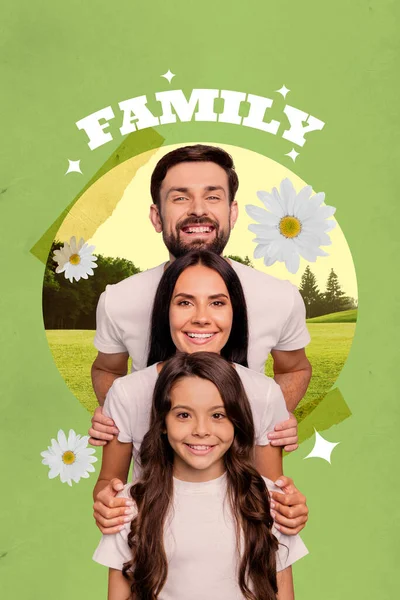 Collage artwork graphics picture of happy smiling family enjoying time together isolated green color background.