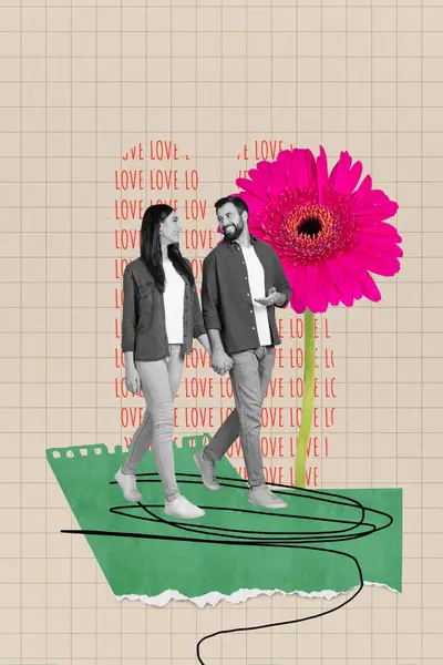 Collage Pop Rétro Croquis Couple Positif Tenir Main Marcher Fleurs — Photo
