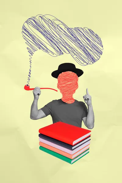 Drawing surreal collage of unknown person man smoke pipe intelligent student has genius idea read much books isolated on beige background.