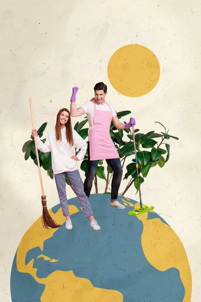 Picture collage eco activist couple enjoy cleaning planet housekeepers use mop and broomstick make earth clean isolated on beige background.