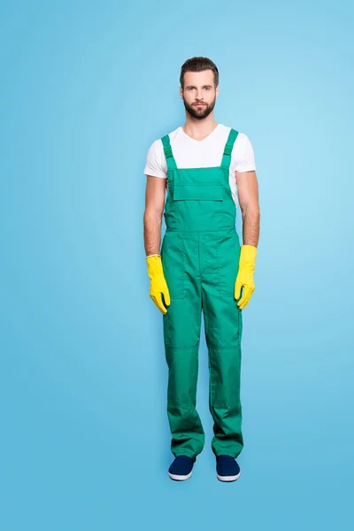 Full Size Fullbody Portrait Handsome Attractive Bearded Concentrated Housekeeper Stubble — Stock Photo, Image