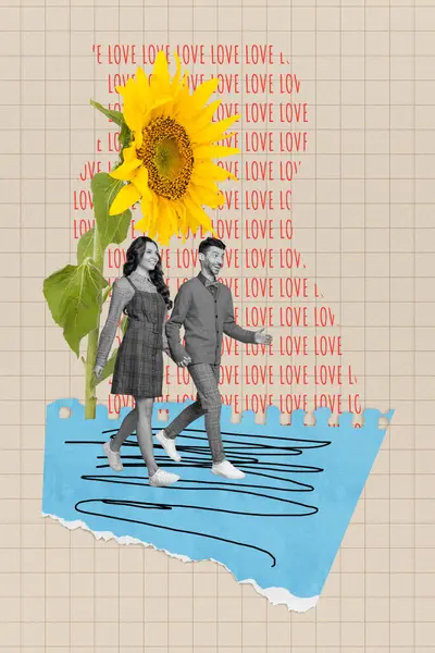 ポジティブなカップルの垂直創造的なコラージュはハンドウォークサンフラワーデートコンセプトバレンタインデーファンタジービルボード漫画Zine — ストック写真