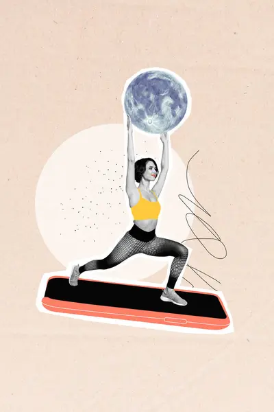 Журнал Коллаж Плакат Спортивной Женщины Тренировки Онлайн Подъема Тяжести Луны — стоковое фото
