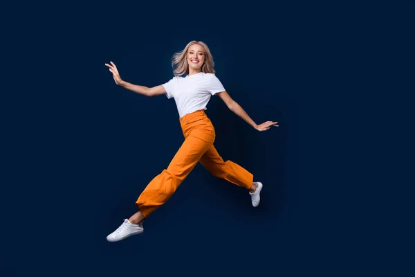 Full Length Photo Adorable Pretty Girl Jumping Going Moving Empty — Stock Photo, Image