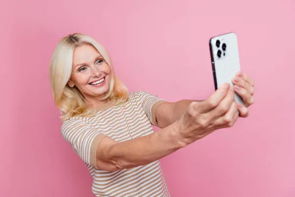Portrait Attractive Positive Lady Hold Smart Phone Make Selfie Record — Stock Photo, Image