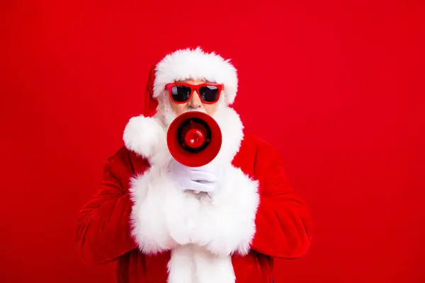 Photo Eccentric Santa Hands Hold Communicate Loudspeaker Toa New Year — Stock Photo, Image