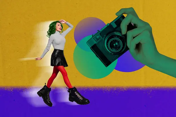Collage Artwork Graphics Picture Excited Lady Running Tacking Photos Isolated — Stock Photo, Image