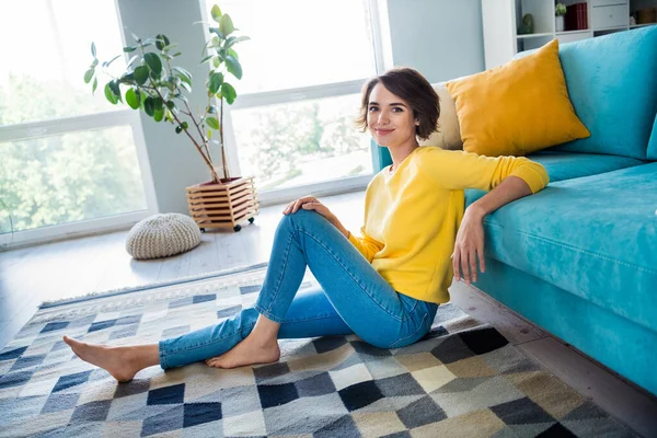 Portrait Lovely Cheerful Girl Wear Trendy Clothes Sitting Carpet Enjoying — Stock Photo, Image