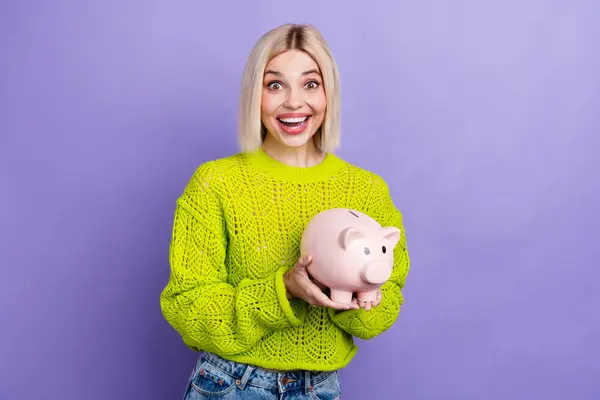 Photo Adorable Excited Lady Wear Green Pullover Collecting Cash Piggy — Stock Photo, Image