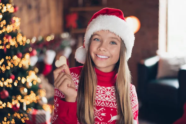 良い気分の写真 興奮する小さな女性ドレス赤いプリントプルオーバーバッキングX Masクリスマスクッキー 家の部屋 — ストック写真