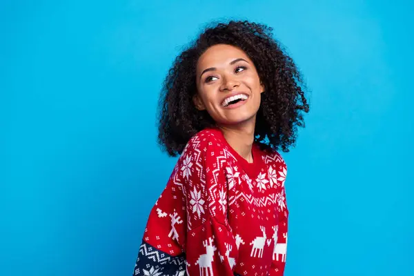 stock image Portrait of dreaming lady wear red ugly sweater for christmas discotheque she look empty space invitation isolated on blue color background.