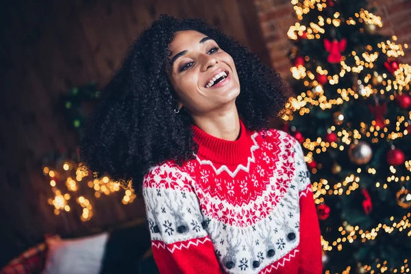 Photo of peaceful charming lady toothy smile festive new year tree lights fairy atmosphere house indoors.