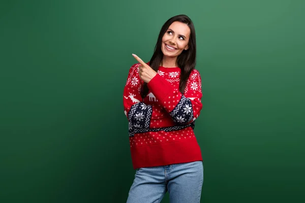 Portrait Cute Cheerful Person Look Direct Finger Empty Space Newyear — Stock Photo, Image