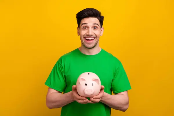 Portrait Young Surprised Funny Man Hold Toy Pig Wallet Collect — Stock Photo, Image