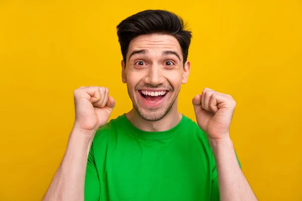 Photo Portrait Attractive Young Brunet Man Raise Fists Excited Promotion — Stock Photo, Image