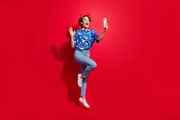 Full Body Photo Jump Girl Waving Palm Phone Video Greeting — Stock Photo, Image