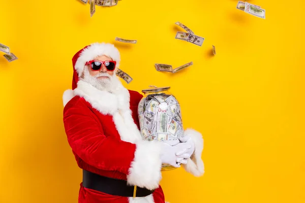 Zdjęcie Pewność Santa Claus Szczęśliwy Nowe Oszczędności Gospodarstwa Duży Słoik — Zdjęcie stockowe