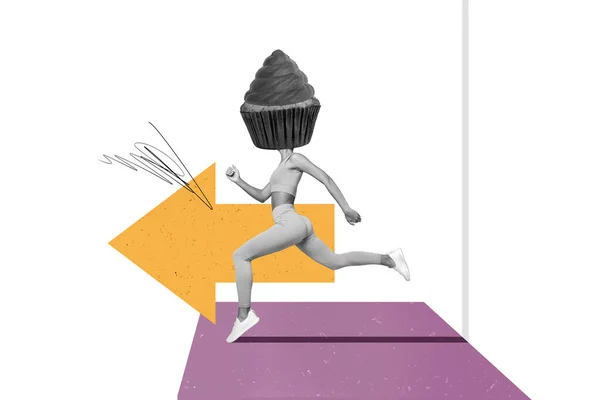 Креативный Коллаж Изображением Миниатюрной Черно Белой Девочки Большим Кексом Вместо — стоковое фото