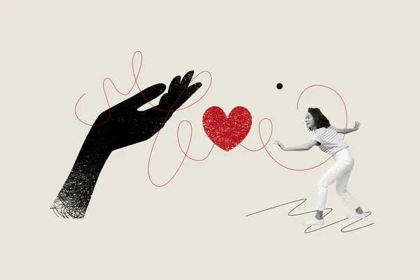 Kompozytowy Kolaż Obraz Dłoni Serca Miłość Połączenie Młoda Dziewczyna Jak — Zdjęcie stockowe
