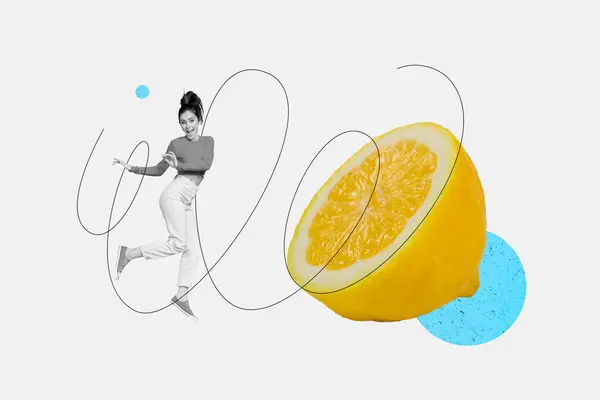 Arte Creativa Modello Collage Eccitato Energico Positivo Danza Femminile Limone — Foto Stock