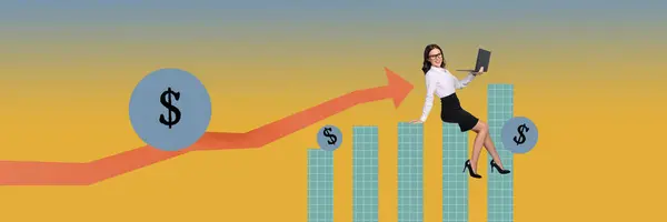 Horisontell Collage Skiss Framgångsrika Kvinna Tjäna Pengar Öka Budgeten Isolerad — Stockfoto