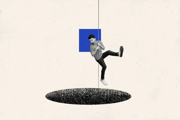 Creative Collage Artwork Poster Image Young Man Hanging Rope Looking — Stock Photo, Image