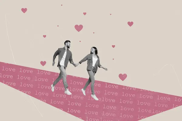 2つの黒い白い色の人々が創造的なベージュの背景で隔離された愛の心を実行している腕を握るアートワークのコラージュの映像 — ストック写真