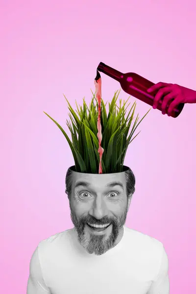 Collage 3d image of pinup pop retro sketch of funny mature man flower head pot hand pour alcohol hangover magazine surrealism metaphor.