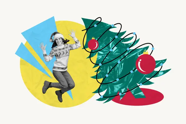 Collage Affiche Créative Drôle Décoration Énergique Sapin Danse Féminine Ont — Photo