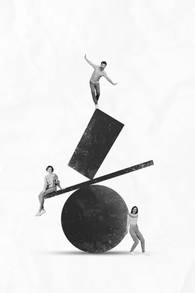 Vertikale Collage Vorlage Von Lustigen Mann Oben Balance Während Mädchen — Stockfoto