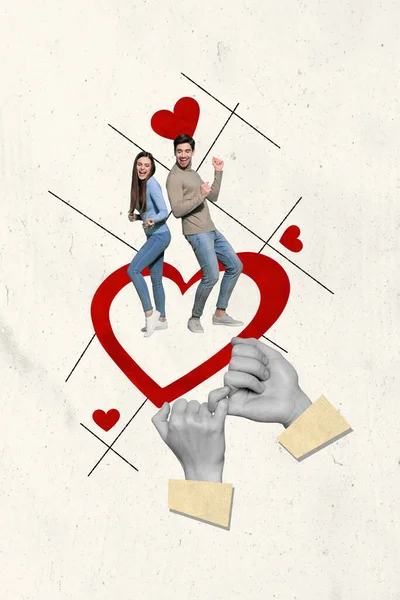 Creative Poster Collage Positive Couple Dancing Pinky Hands Hold Together — Stock Photo, Image