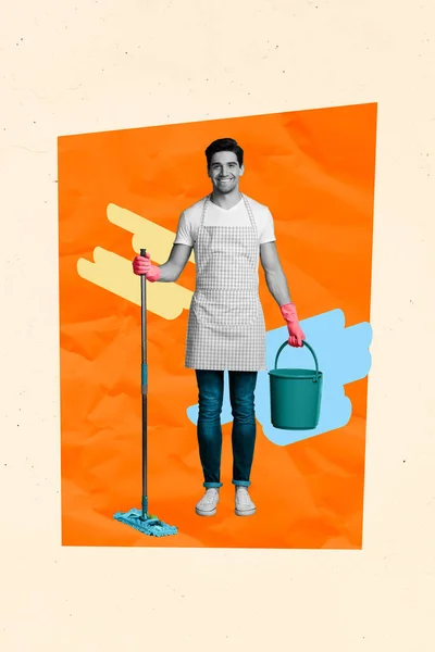Colagem Modelo Abstrato Criativo Serviço Limpeza Trabalhador Segurar Esfregão Luva — Fotografia de Stock