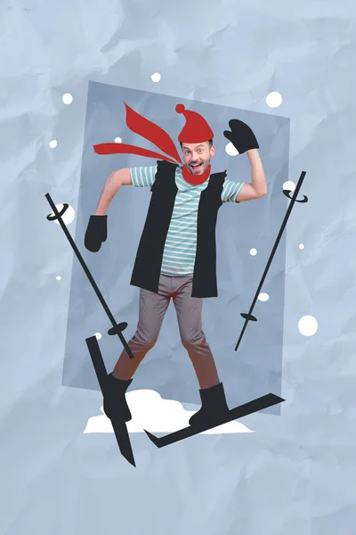 Image Postcard Collage Cheerful Happy Guy Having Fun Dancing Skiing — Stock Photo, Image